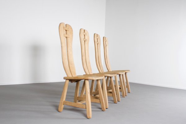 Brutalist Solid Oak Chairs from De Puyt, Belgium, 1970s, Set of 4-QT-1263296