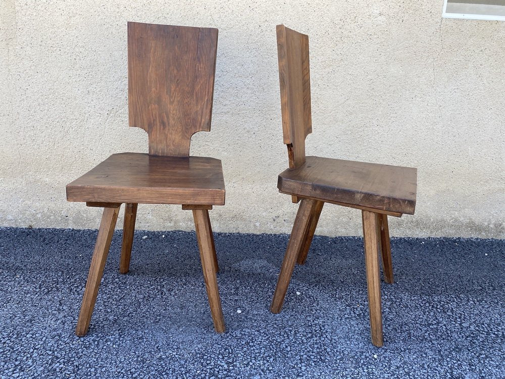 Brutalist Solid Oak Chalet Chairs, 1960s, Set of 2