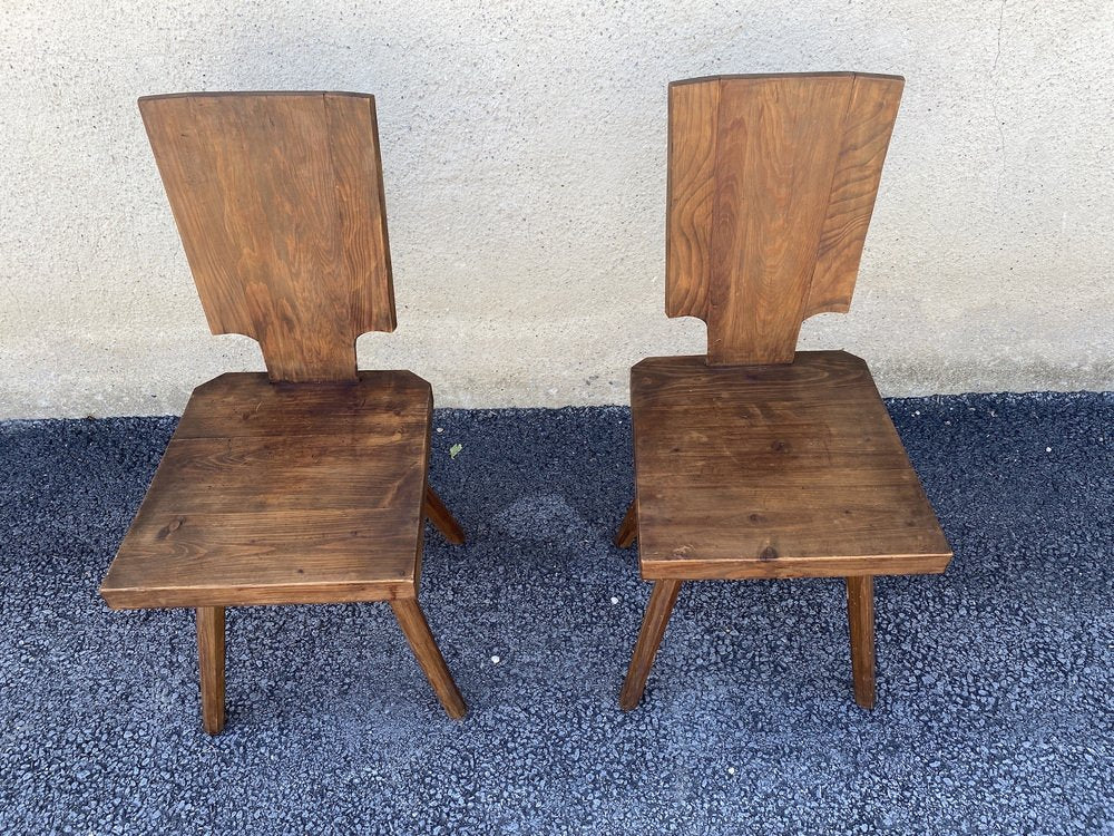 Brutalist Solid Oak Chalet Chairs, 1960s, Set of 2