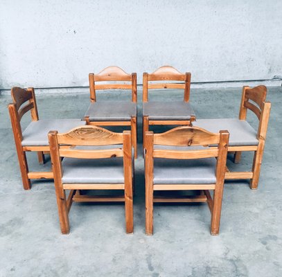 Brutalist Square Model Pine Dining Chairs, 1970s, Set of 6-RQV-1148333