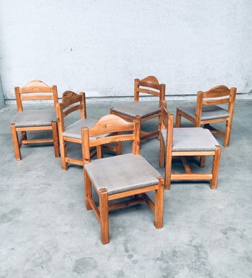 Brutalist Square Model Pine Dining Chairs, 1970s, Set of 6-RQV-1148333