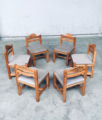 Brutalist Square Model Pine Dining Chairs, 1970s, Set of 6-RQV-1148333