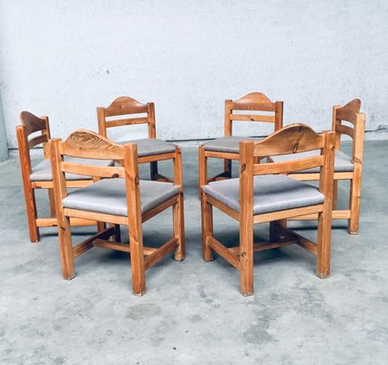 Brutalist Square Model Pine Dining Chairs, 1970s, Set of 6-RQV-1148333