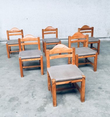 Brutalist Square Model Pine Dining Chairs, 1970s, Set of 6-RQV-1148333