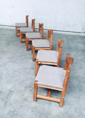 Brutalist Square Model Pine Dining Chairs, 1970s, Set of 6-RQV-1148333