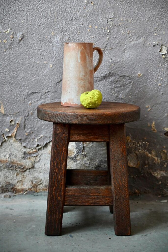 Brutalist Stool in Thick Wood, 1970s