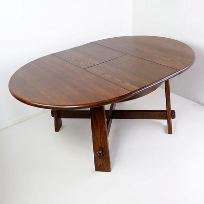 Brutalist Strong Oak Round Extendable Dining Table, 1950s-JG-1786426