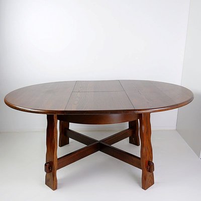 Brutalist Strong Oak Round Extendable Dining Table, 1950s-JG-1786426