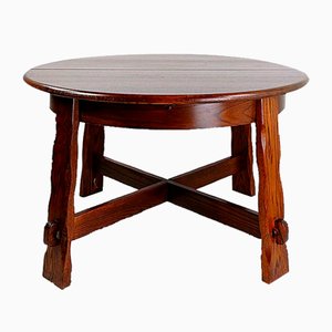 Brutalist Strong Oak Round Extendable Dining Table, 1950s-JG-1786426