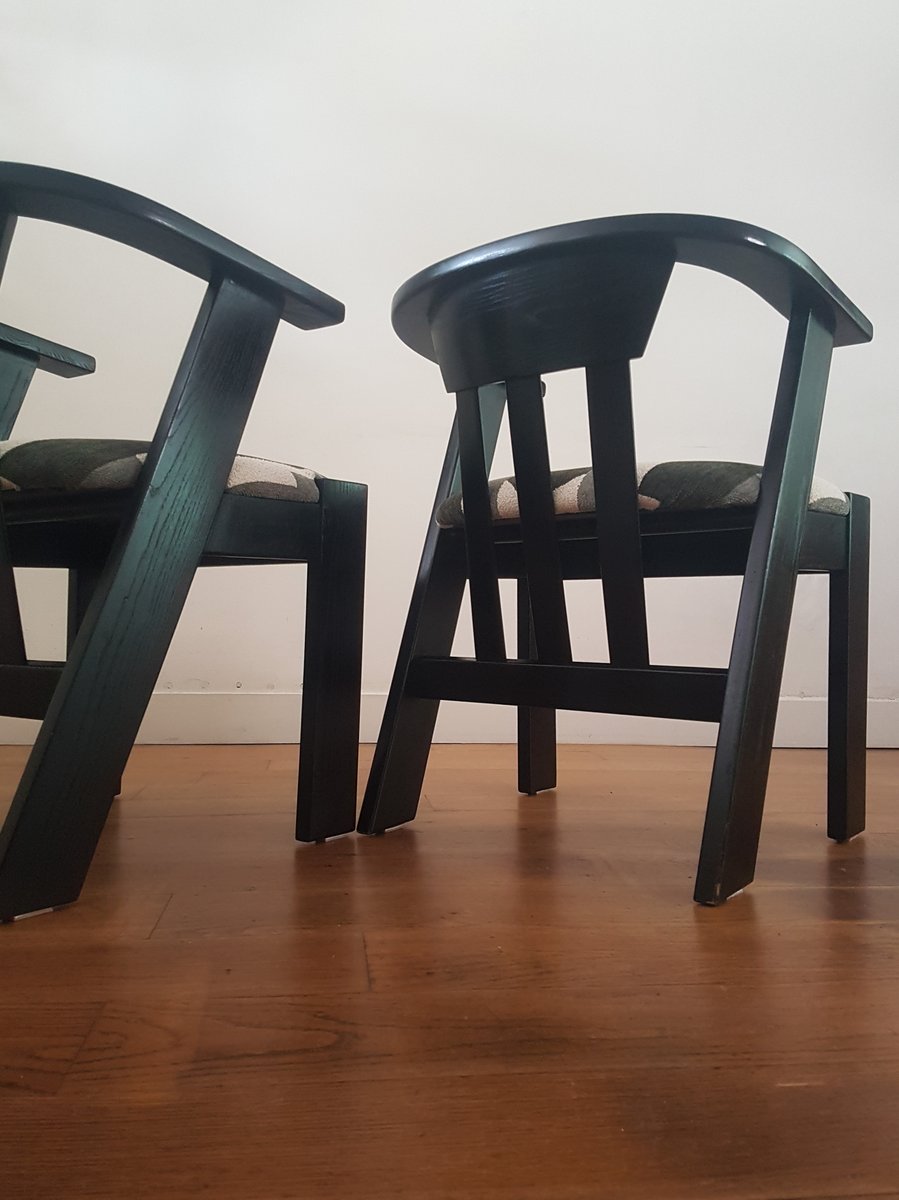 Brutalist Style Chairs in Black Lacquered Oak and Bouclé, 1970s, Set of 2