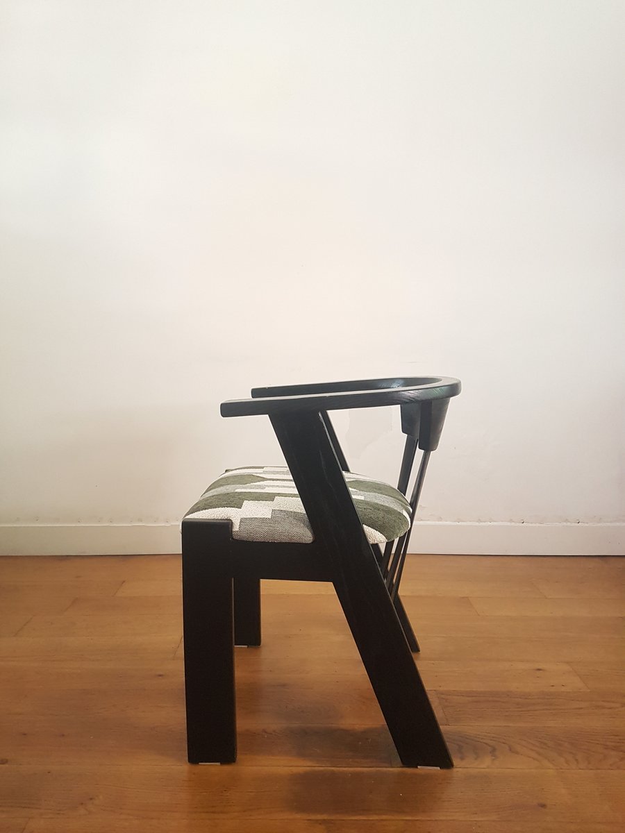 Brutalist Style Chairs in Black Lacquered Oak and Bouclé, 1970s, Set of 2