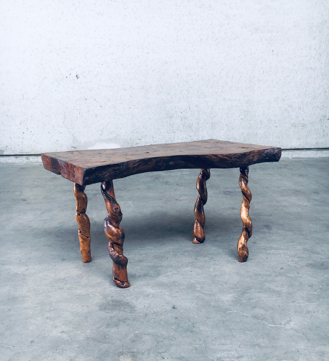 Brutalist Style Handcrafted Oak & Grape Wood Side Table, 1950s