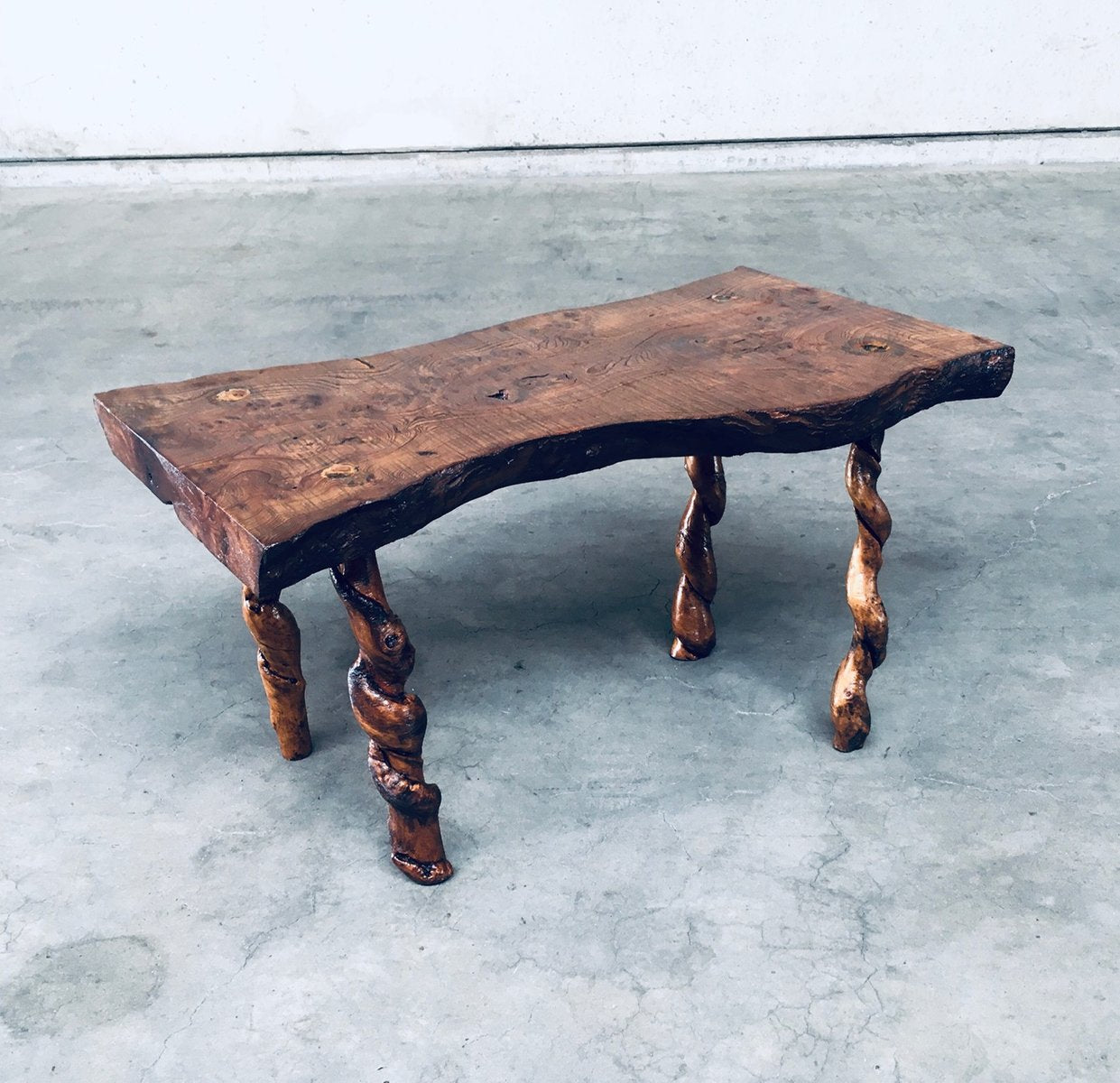 Brutalist Style Handcrafted Oak & Grape Wood Side Table, 1950s