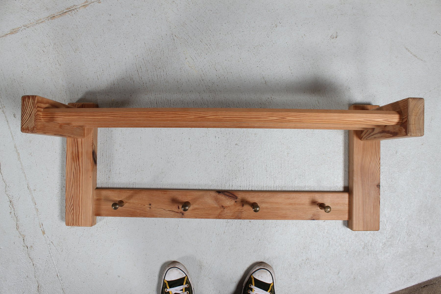 Brutalist Swedish Hall Shelf in Pine & Brass Hooks by Glass Master Markaryd for Glasmäster, 1970s