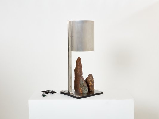 Brutalist Table Lamp in Steel and Red Shale by Phillipe Jean, 1970s-YJA-1813824