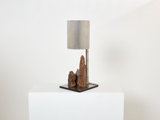 Brutalist Table Lamp in Steel and Red Shale by Phillipe Jean, 1970s-YJA-1813824