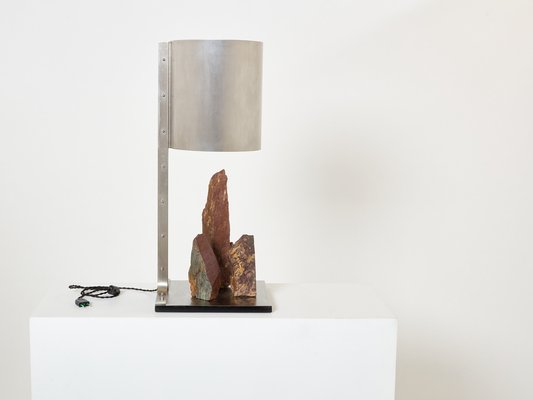 Brutalist Table Lamp in Steel and Red Shale by Phillipe Jean, 1970s-YJA-1813824