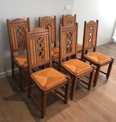 Brutalist Wood & Rattan Chairs, Set of 6-BA-1365500