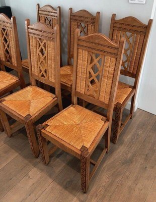 Brutalist Wood & Rattan Chairs, Set of 6-BA-1365500