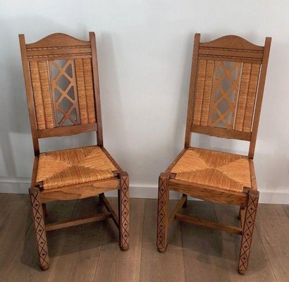 Brutalist Wood & Rattan Chairs, Set of 6-BA-1365500