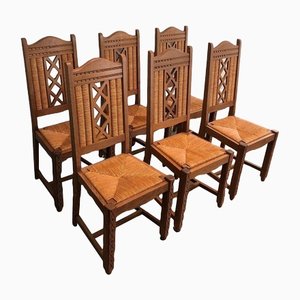 Brutalist Wood & Rattan Chairs, Set of 6-BA-1365500