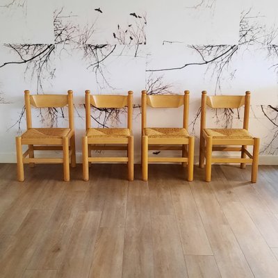 Brutalist Wood & Rush Dining Chairs, 1970s, Set of 4-SJU-1735510