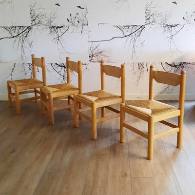 Brutalist Wood & Rush Dining Chairs, 1970s, Set of 4-SJU-1735510