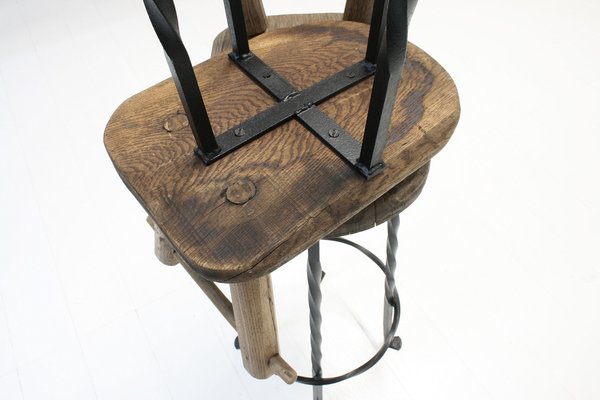 Brutalist Wrought Iron & Oak Bar Stools, 1970s, Set of 2-SES-1413698