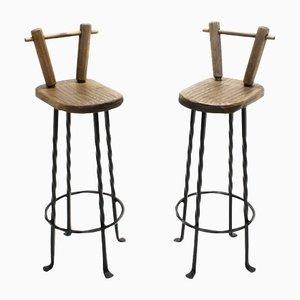 Brutalist Wrought Iron & Oak Bar Stools, 1970s, Set of 2-SES-1413698