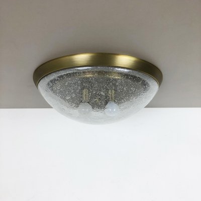 Bubble Ice Glass and Brass Ceiling Light by Hillebrand Leuchten, Germany, 1970s-QZ-1149893