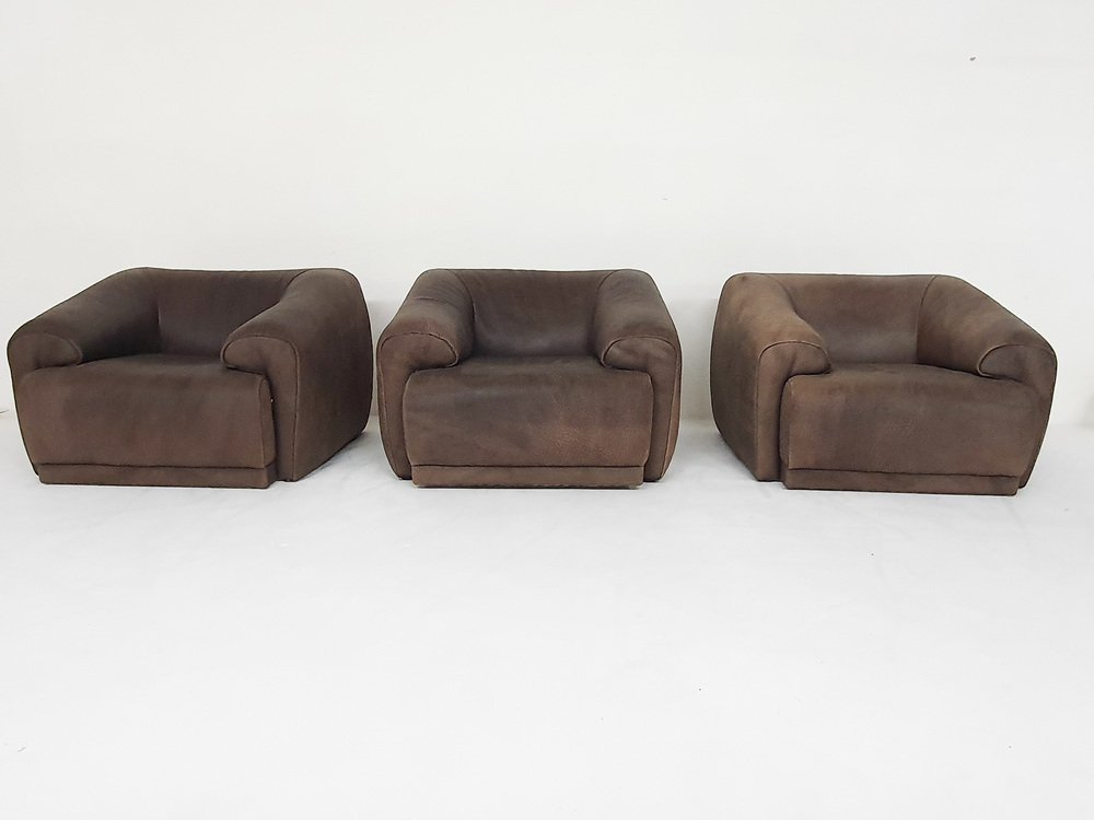 Buffalo Leather Lounge Chairs in the style of de Sede, 1960s, Set of 3