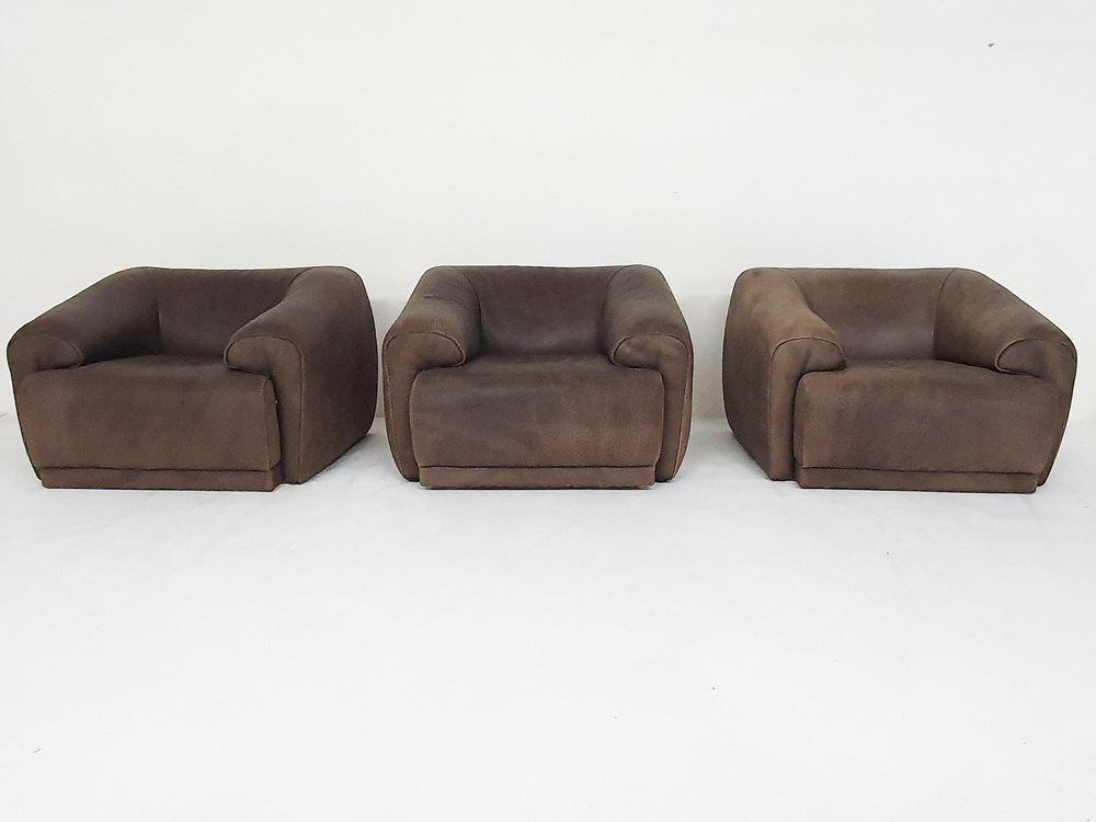 Buffalo Leather Lounge Chairs in the style of de Sede, 1960s, Set of 3