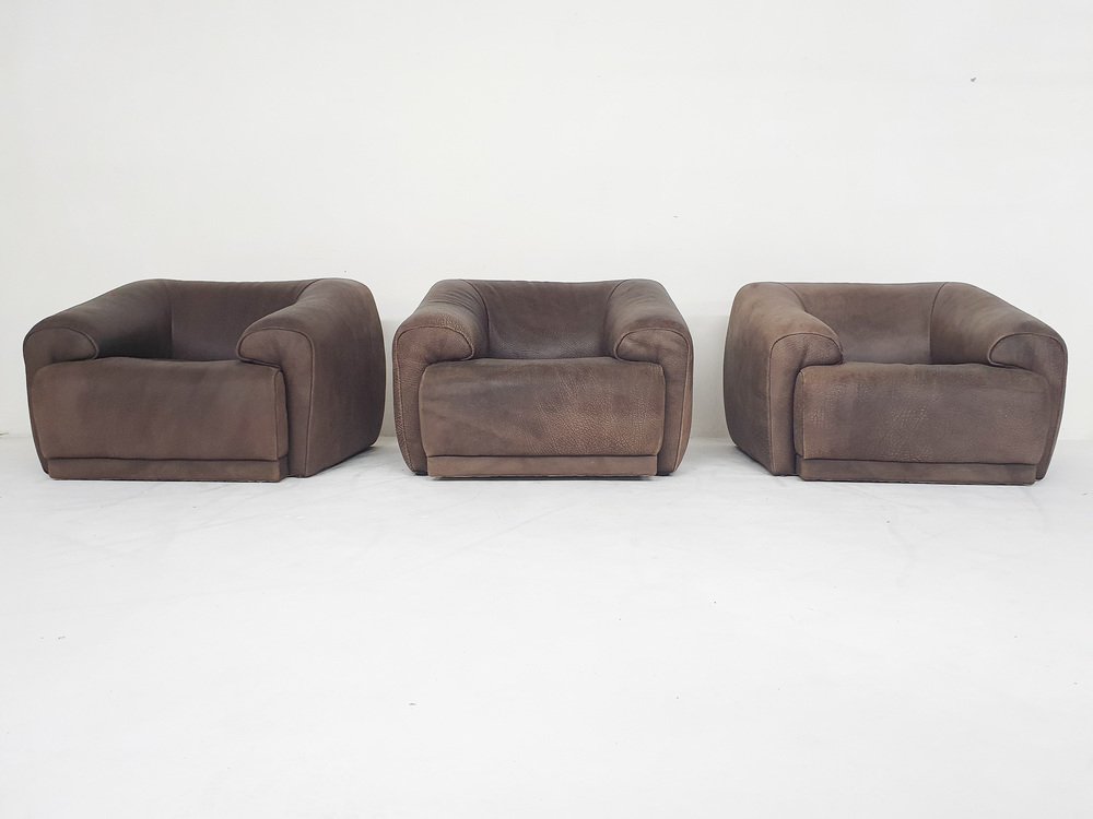 Buffalo Leather Lounge Chairs in the style of de Sede, 1960s, Set of 3