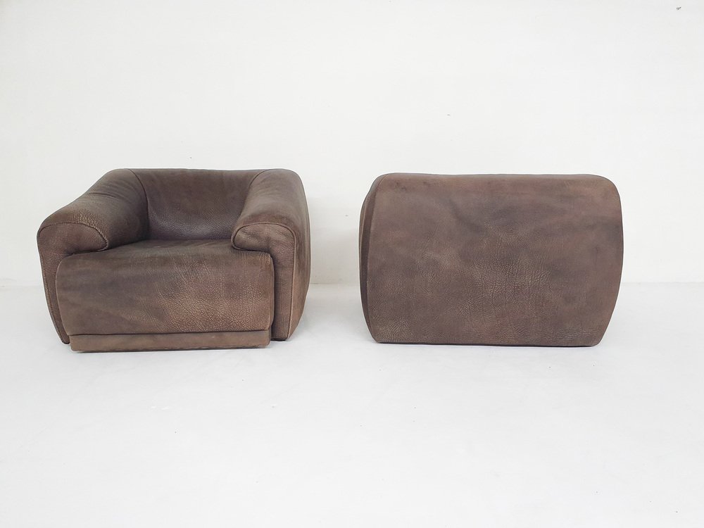 Buffalo Leather Lounge Chairs in the style of de Sede, 1960s, Set of 3