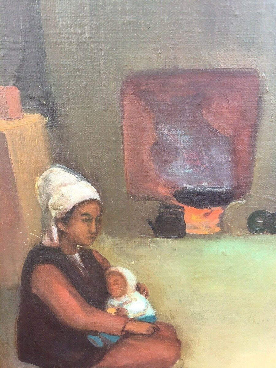 Bukharmetov Rifkat, Woman With Toddler At The Fireplace, 1951, Oil on Canvas