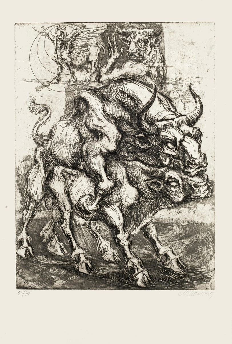 Bulls - Original Etching by M. Chirnoaga - Late 20th Century Late 20th Century