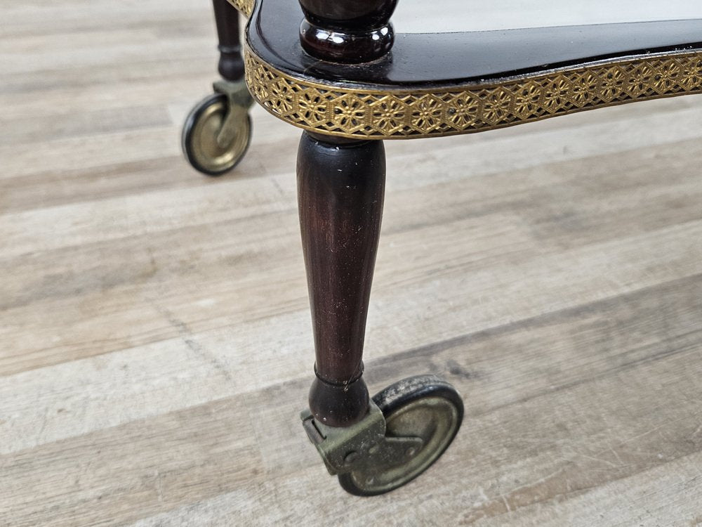 Burl Bar Trolley with Brass Profiles and Two Glass Shelves, Italy, 1950s