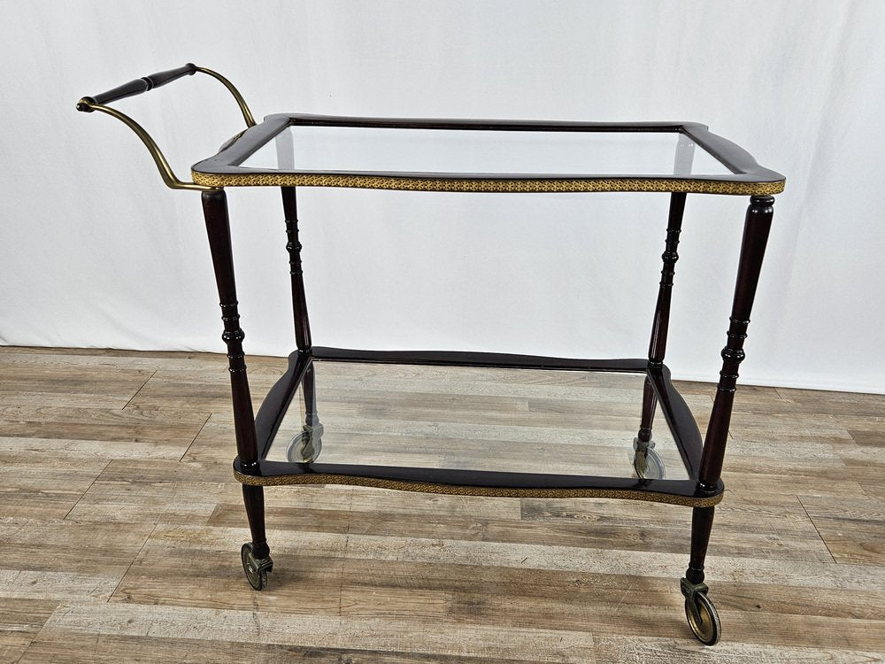 Burl Bar Trolley with Brass Profiles and Two Glass Shelves, Italy, 1950s