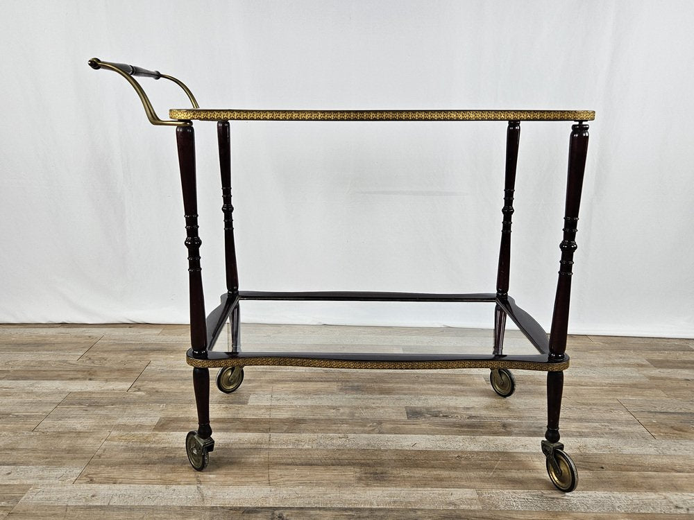 Burl Bar Trolley with Brass Profiles and Two Glass Shelves, Italy, 1950s-ZUW-1804111