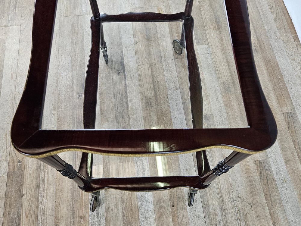 Burl Bar Trolley with Brass Profiles and Two Glass Shelves, Italy, 1950s