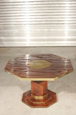 Burl Lacquer and Brass Dining Table by Jean Claude Mahey for Maison Roméo, 1970s-XIJ-575070