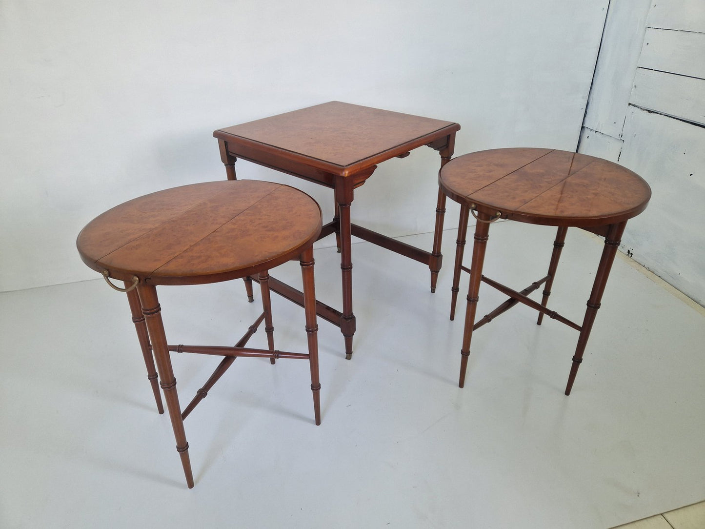 Burl Top Mahogany Nesting Tables, Set of 3