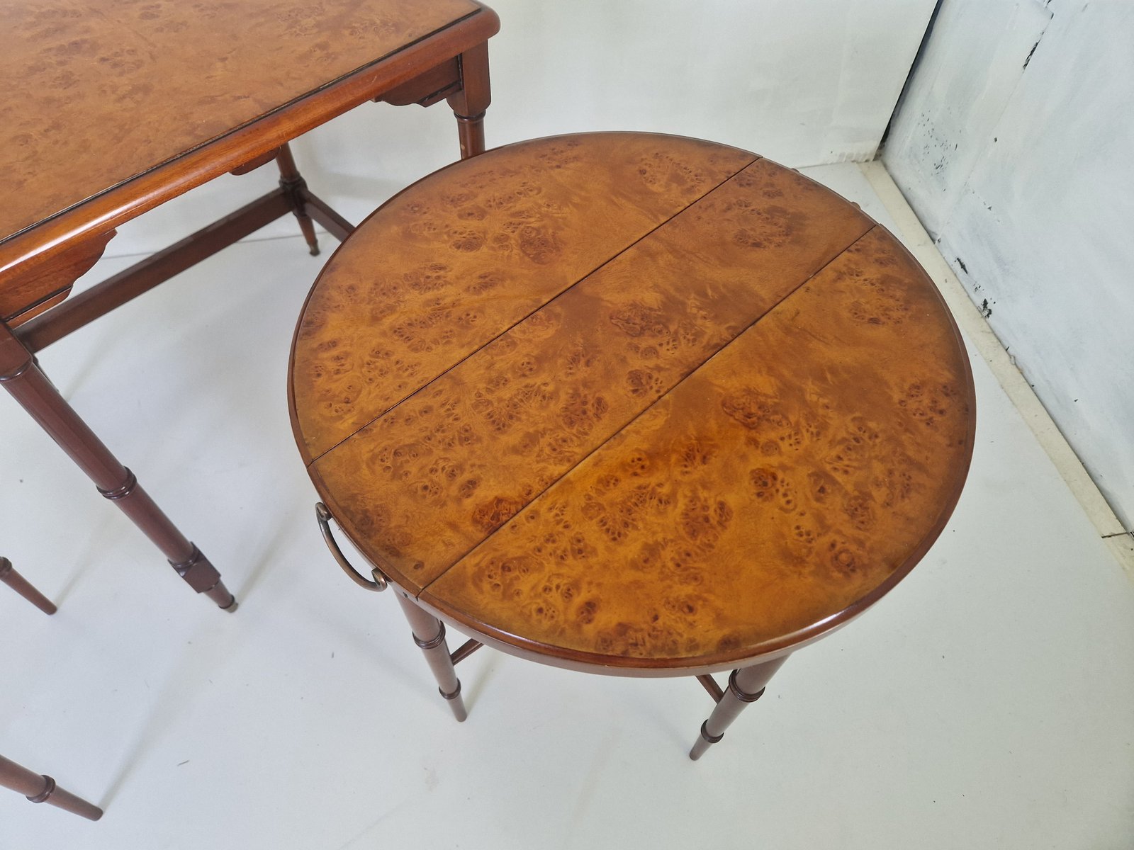 Burl Top Mahogany Nesting Tables, Set of 3