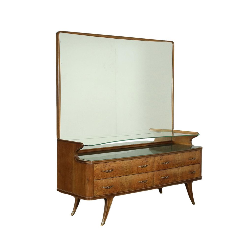 Burl Walnut Veneer and Brass Back-Treated Glass Dresser, Italy, 1950s