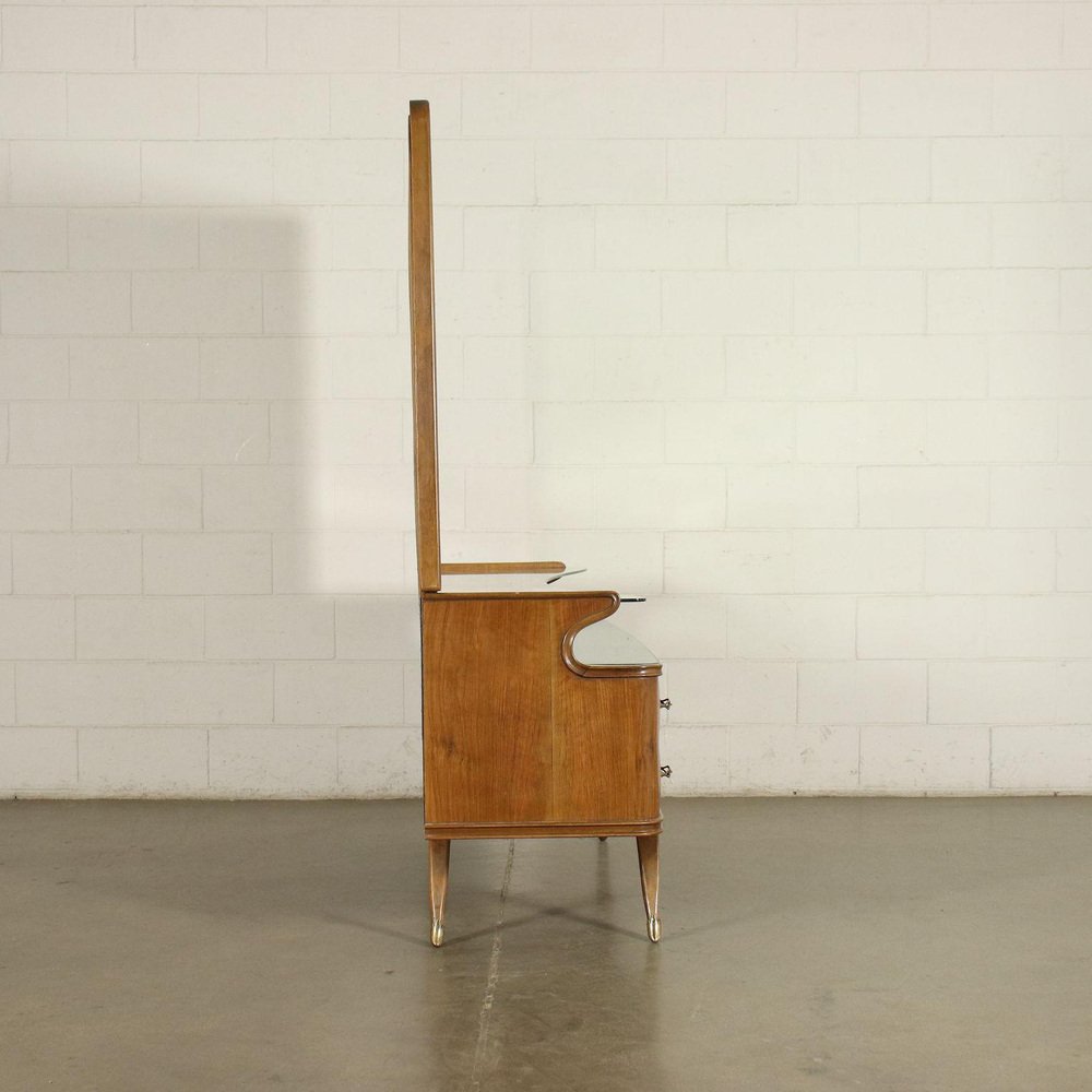 Burl Walnut Veneer and Brass Back-Treated Glass Dresser, Italy, 1950s