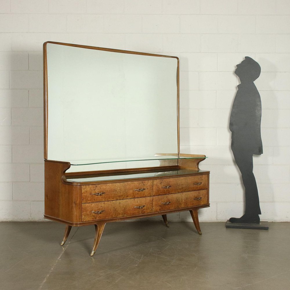 Burl Walnut Veneer and Brass Back-Treated Glass Dresser, Italy, 1950s