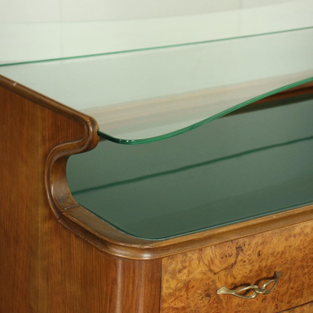 Burl Walnut Veneer and Brass Back-Treated Glass Dresser, Italy, 1950s