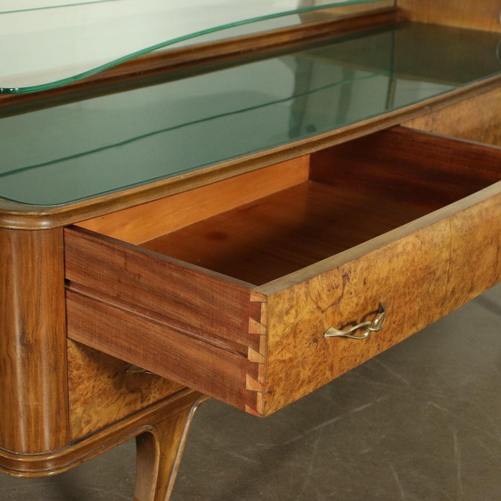 Burl Walnut Veneer and Brass Back-Treated Glass Dresser, Italy, 1950s