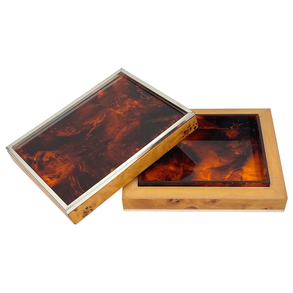 Burl Wood & Tortoiseshell Effect Acrylic Box, Italy, 1970s-LYQ-1171443