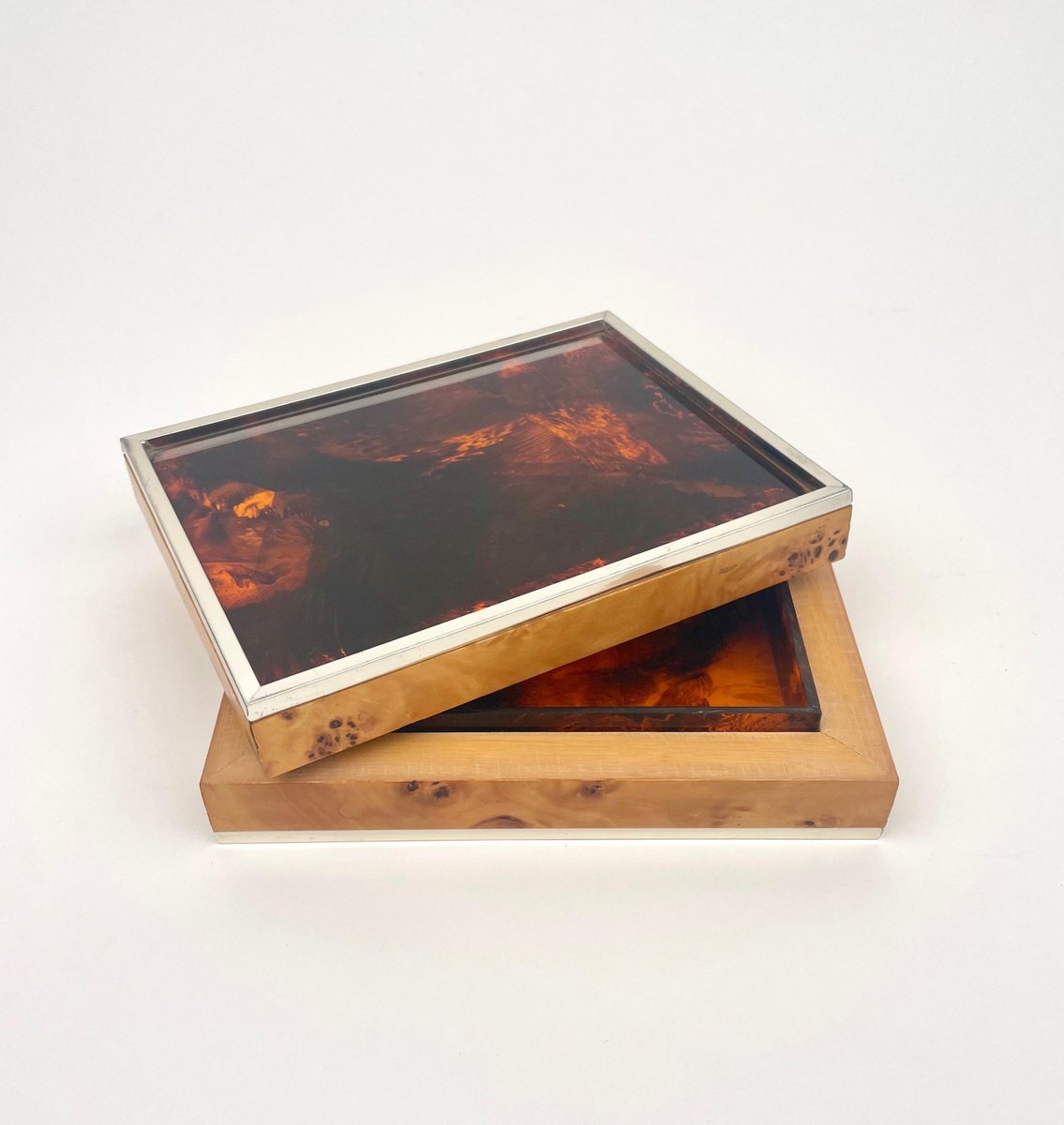 Burl Wood & Tortoiseshell Effect Acrylic Box, Italy, 1970s